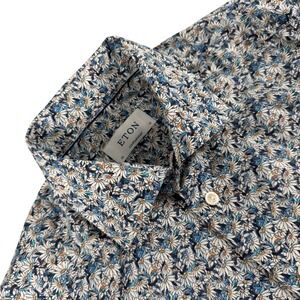 Eton Shirt Mens 38 Blue White Floral‎ Short Sleeve Button Down Contemporary Fit